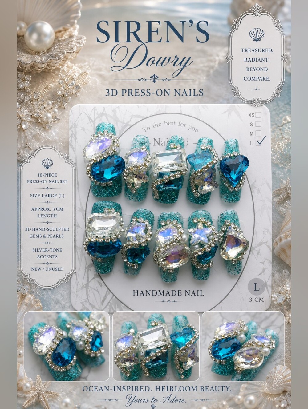🧜‍♀️ Siren’s Dowry | Jeweled Teal Glitter Press-On Nails 💎